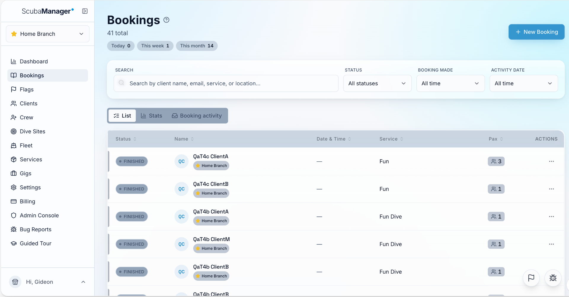 Bookings — list + stats view with status and activity-date filters