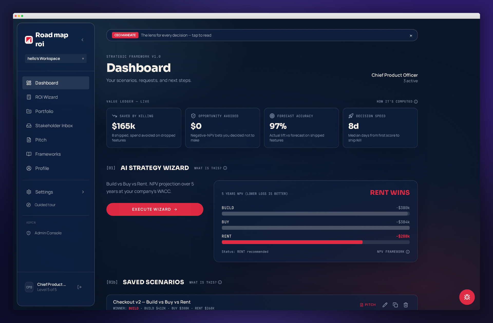 Roadmap ROI dashboard — value ledger, AI strategy wizard, saved scenarios