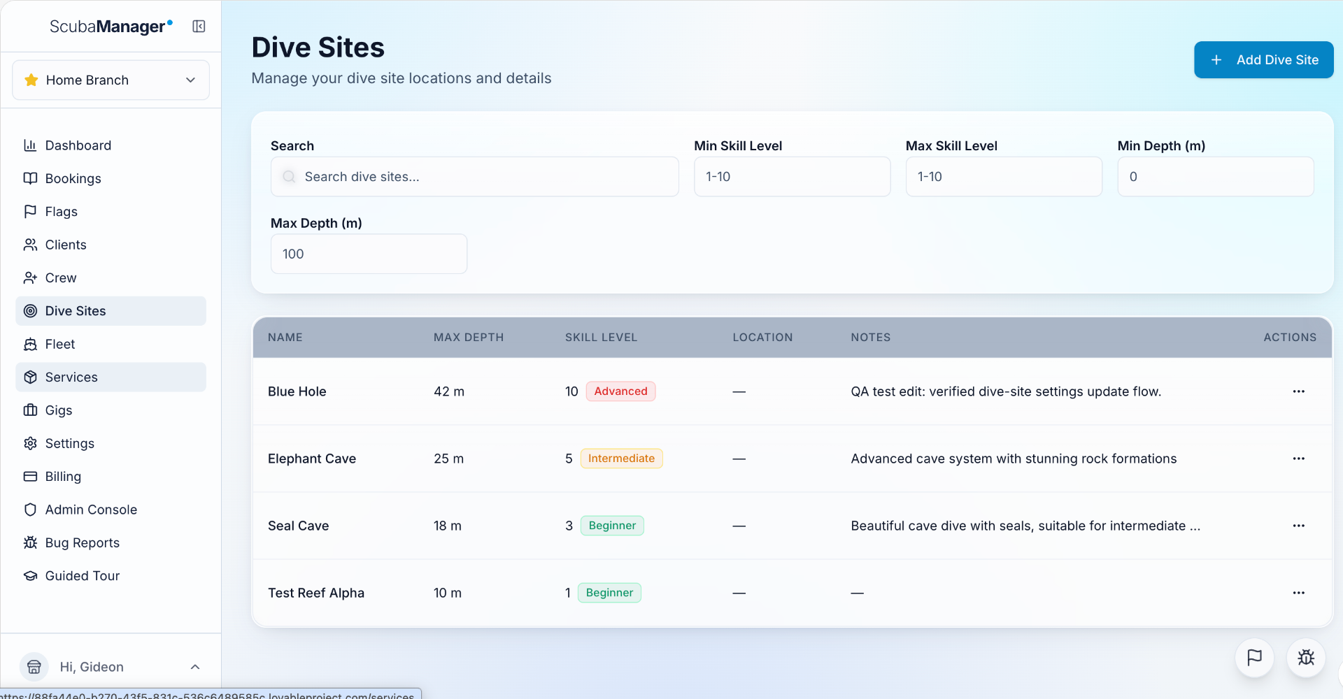 Dive Sites — skill level, depth, notes and history