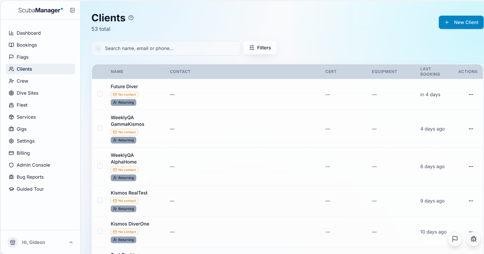 Clients — contact status, certifications, and last-booking timeline