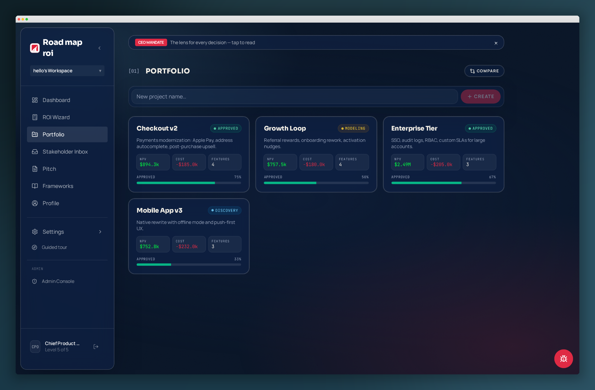 Portfolio — every scenario as a live project card with status and progress