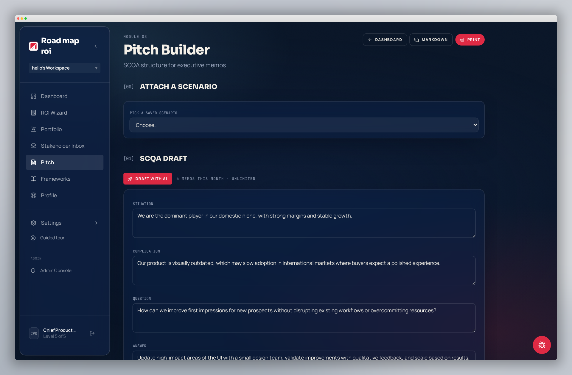 Pitch Builder — SCQA executive memo drafted from a saved scenario